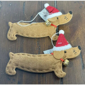 Dachshund Dog Brown Felt Santa Hat Christmas Ornaments Bell Set Of 2‎ NEW